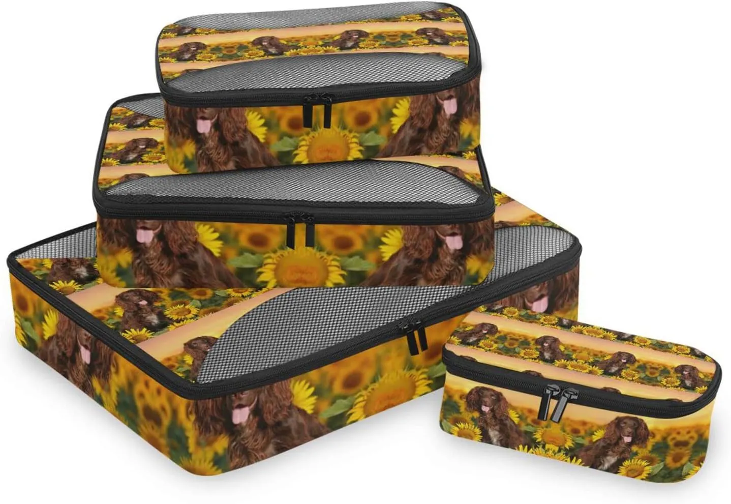 Spaniel at Yellow Sunflowers Field against Sundown Sunset Light 4 PCs Set Packing Bags, Luggage Organizer Bag, Portable Cube Toiletry bag, Durable Travel Cosmetic Storage Bag for Men Women