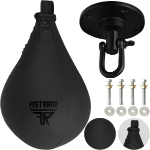 Speed Ball Boxing Leather MMA Muay Thai Training Punching Dodge Striking Bag Kit Hanging Swivel Workout Speedball Kicking Platform (Black)