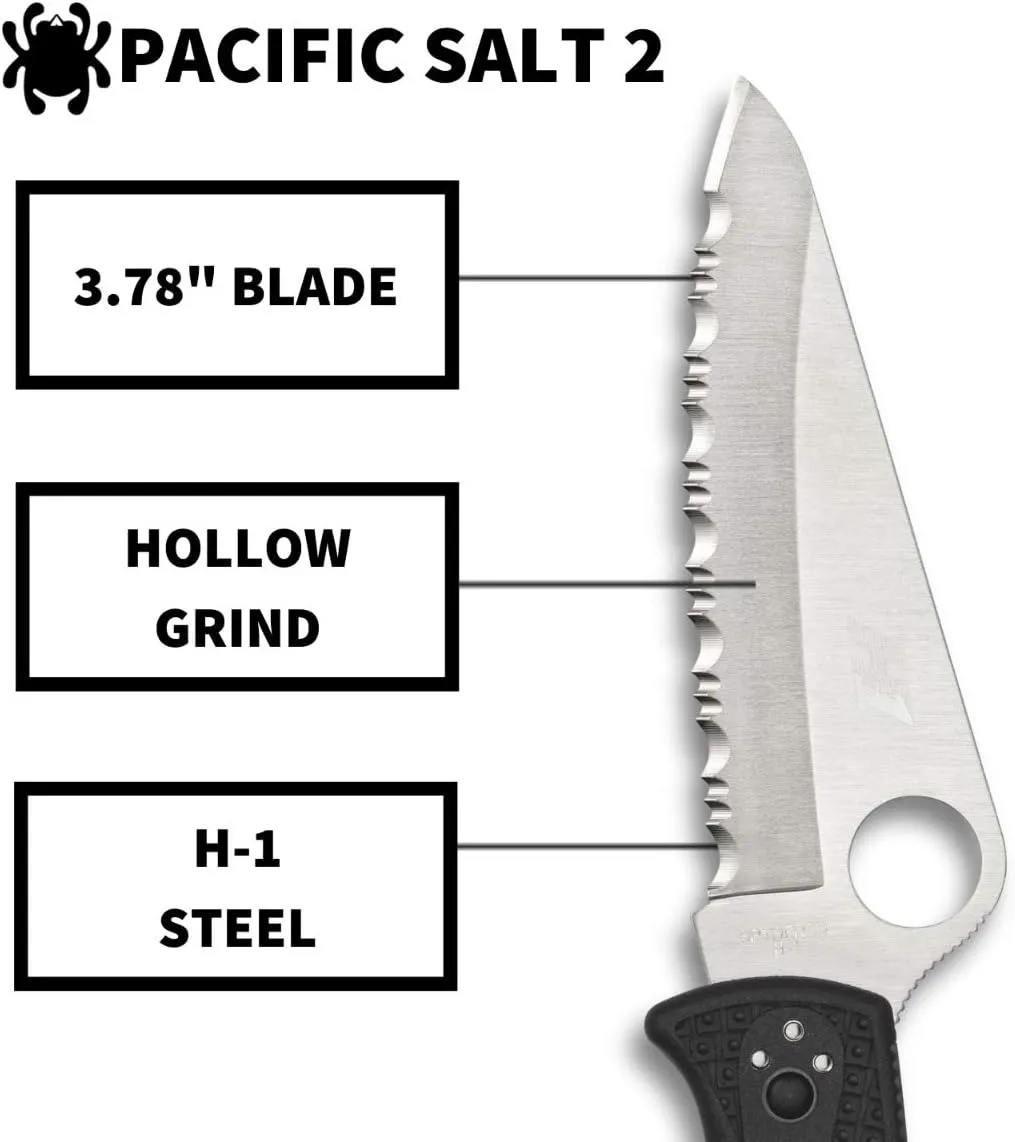 Spyderco Pacific Salt 2 Lightweight Knife with 3.78" Corrosion Resistant H-1 Steel Blade and Black Non-Slip FRN Handle