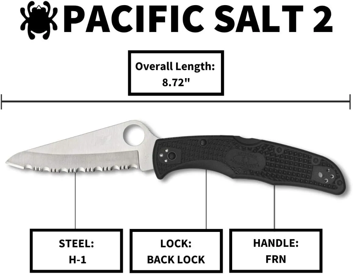 Spyderco Pacific Salt 2 Lightweight Knife with 3.78" Corrosion Resistant H-1 Steel Blade and Black Non-Slip FRN Handle