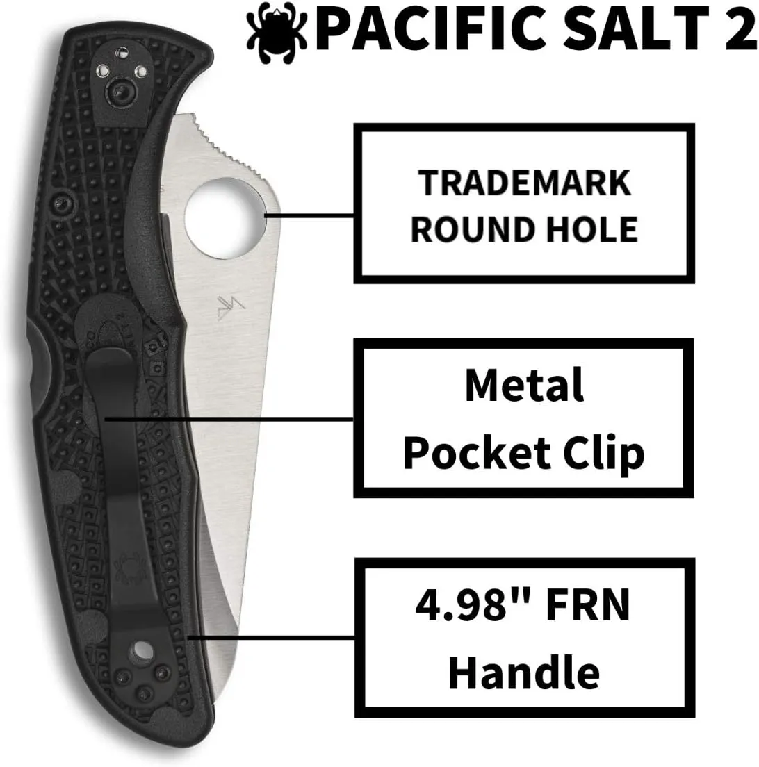 Spyderco Pacific Salt 2 Lightweight Knife with 3.78" Corrosion Resistant H-1 Steel Blade and Black Non-Slip FRN Handle