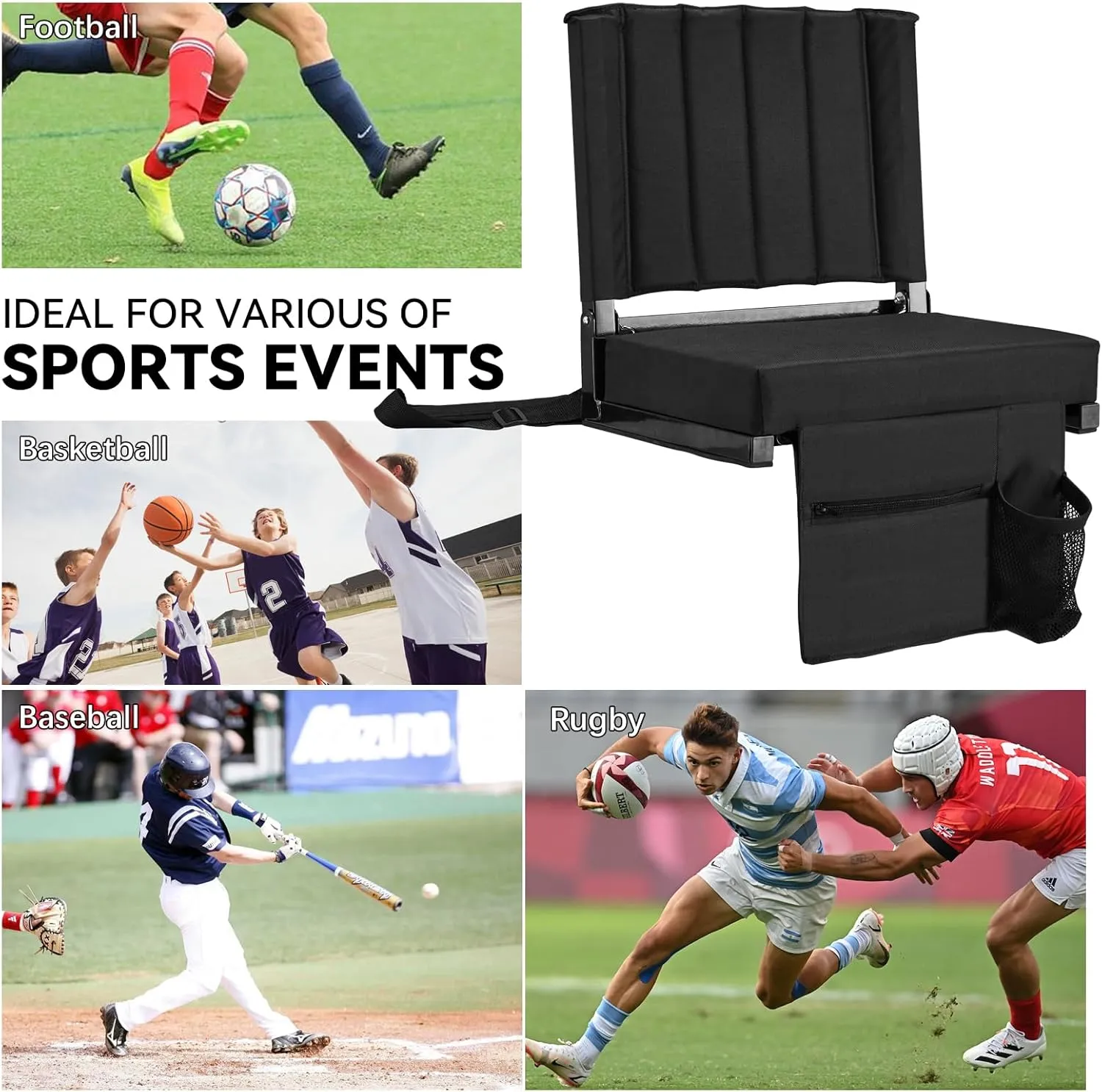 Stadium Seat for Bleachers with Back Support Bleacher Seat w/Thick Cushion, Cup Holder, Carry Handle & Shoulder Strap for Outdoor Sports Events, Picnics, Beaches