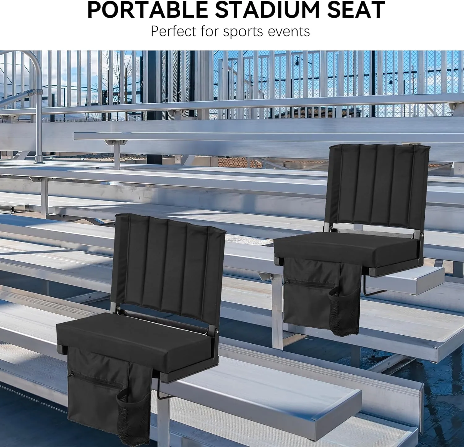 Stadium Seat for Bleachers with Back Support Bleacher Seat w/Thick Cushion, Cup Holder, Carry Handle & Shoulder Strap for Outdoor Sports Events, Picnics, Beaches