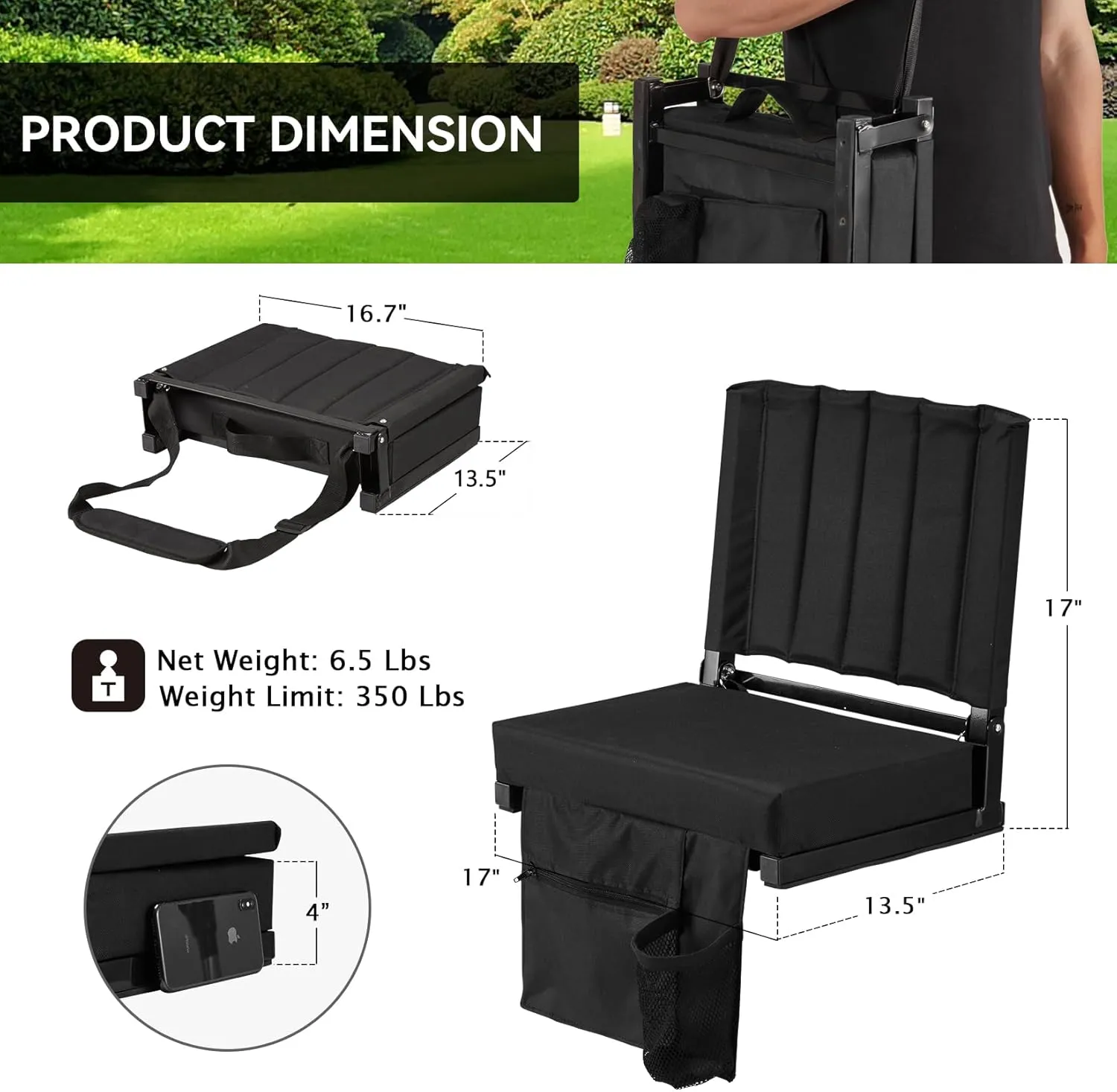 Stadium Seat for Bleachers with Back Support Bleacher Seat w/Thick Cushion, Cup Holder, Carry Handle & Shoulder Strap for Outdoor Sports Events, Picnics, Beaches