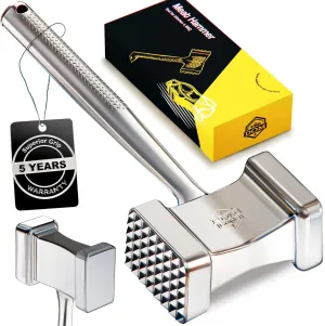 Stainless Steel Meat Mallet Hammer Tenderizer, Textured Grip Meat Mallet Tenderizer, 1.15lb Single-Piece Chicken Pounder, Large Surface Meat tenderizer Tool, 5-Year Warranty, Ablandador de carne