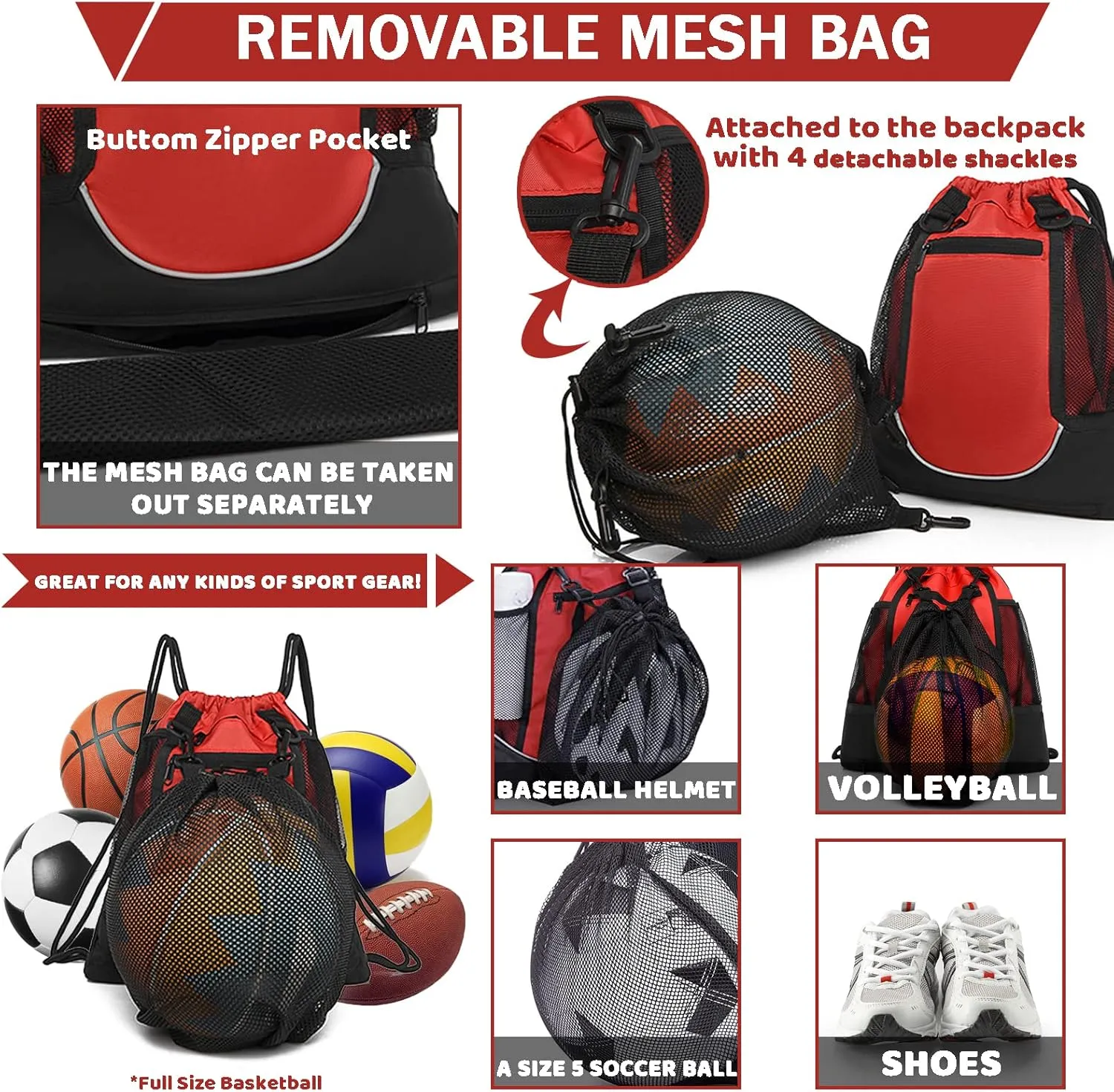 STAY GENT Drawstring Basketball Backpack for Boys, Foldable Soccer Backpack Gym Bag Sackpack Sports Sack with Detachable Ball Mesh Bag for Volleyball Baseball Yoga