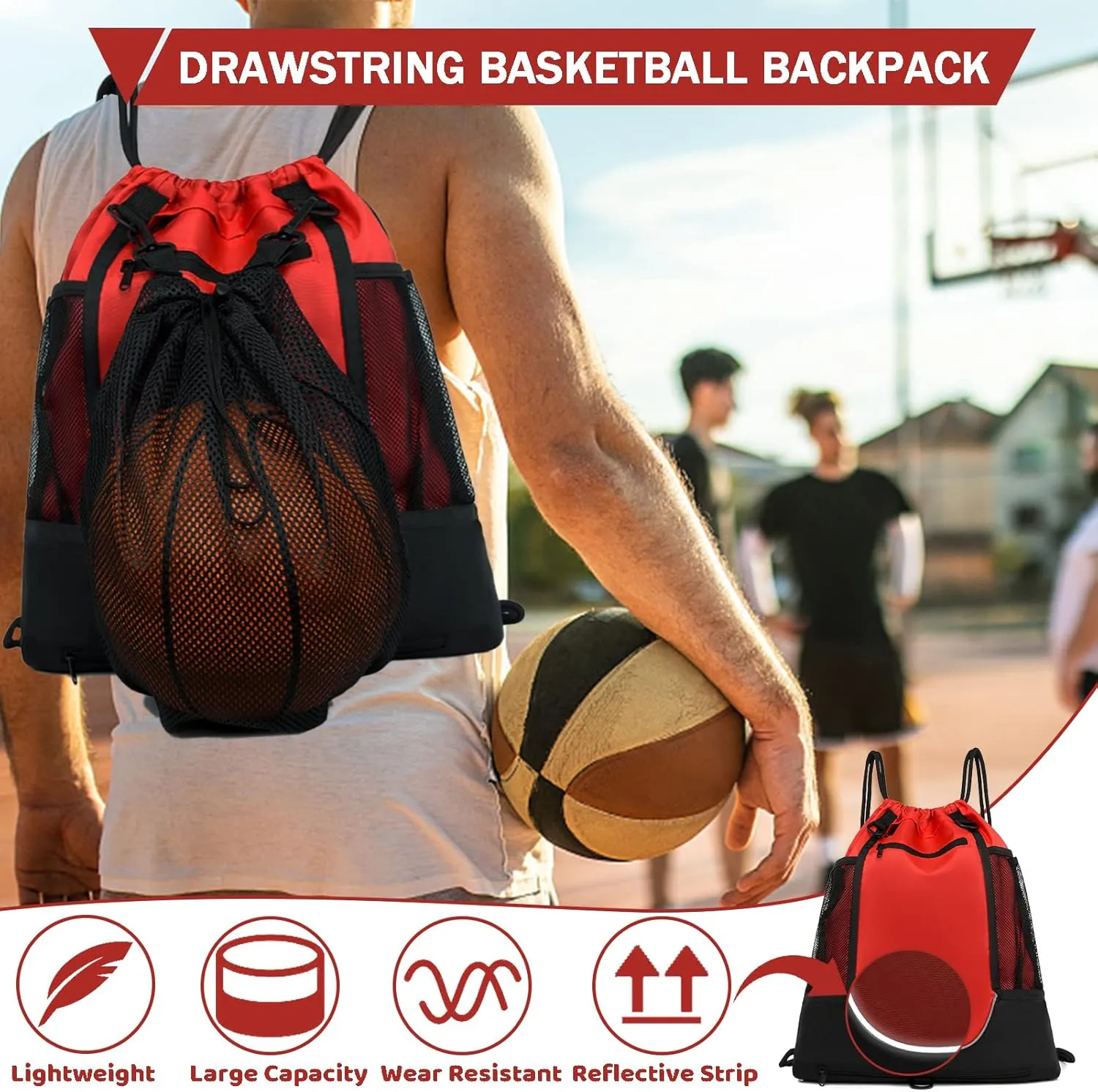 STAY GENT Drawstring Basketball Backpack for Boys, Foldable Soccer Backpack Gym Bag Sackpack Sports Sack with Detachable Ball Mesh Bag for Volleyball Baseball Yoga
