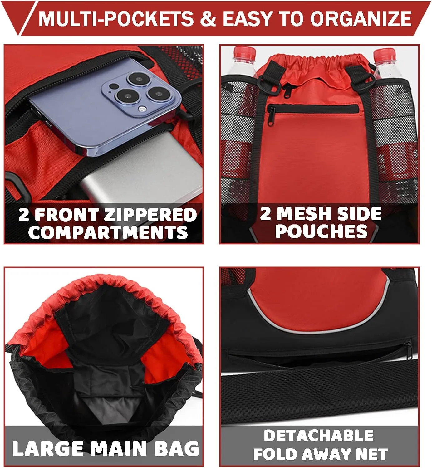 STAY GENT Drawstring Basketball Backpack for Boys, Foldable Soccer Backpack Gym Bag Sackpack Sports Sack with Detachable Ball Mesh Bag for Volleyball Baseball Yoga