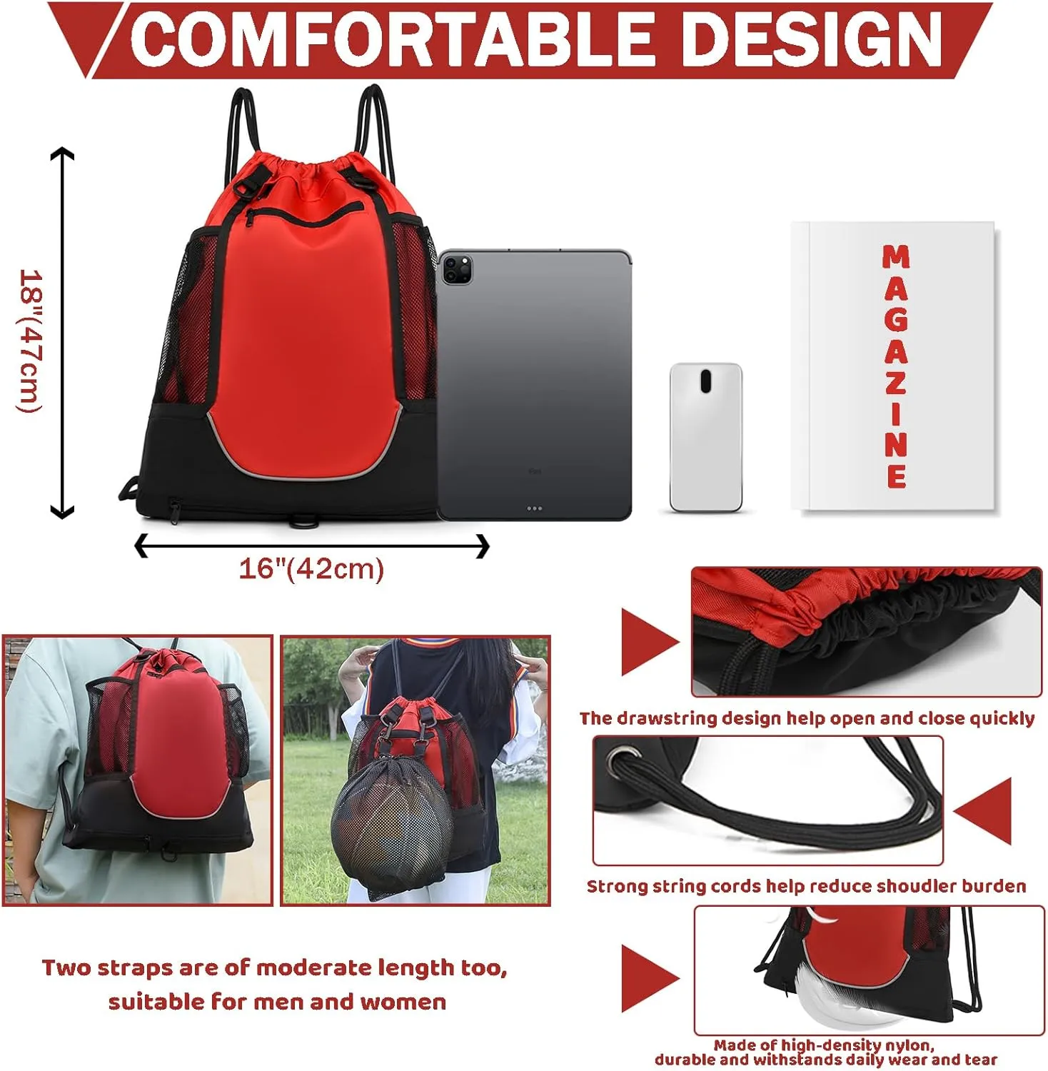 STAY GENT Drawstring Basketball Backpack for Boys, Foldable Soccer Backpack Gym Bag Sackpack Sports Sack with Detachable Ball Mesh Bag for Volleyball Baseball Yoga