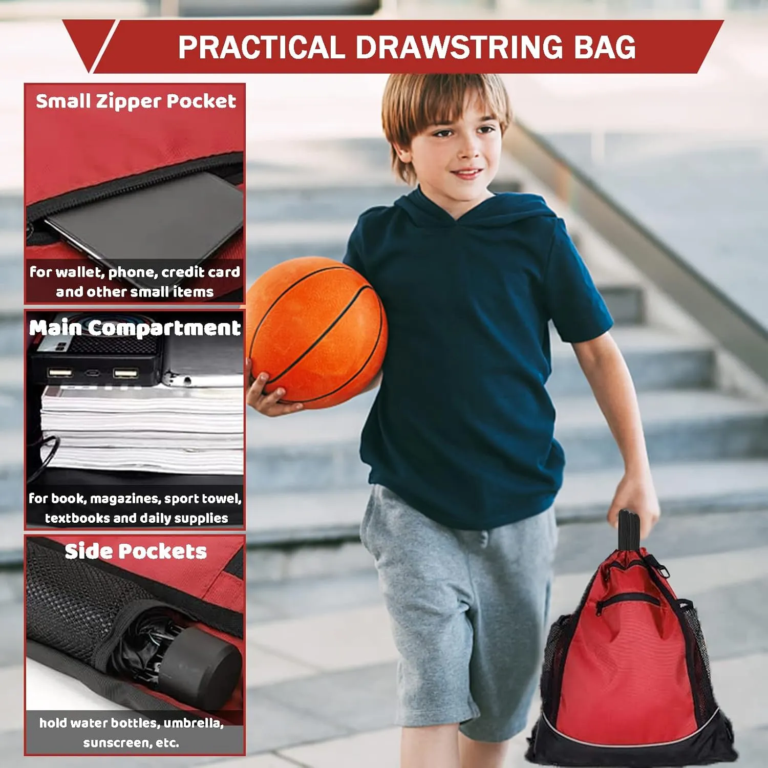STAY GENT Drawstring Basketball Backpack for Boys, Foldable Soccer Backpack Gym Bag Sackpack Sports Sack with Detachable Ball Mesh Bag for Volleyball Baseball Yoga