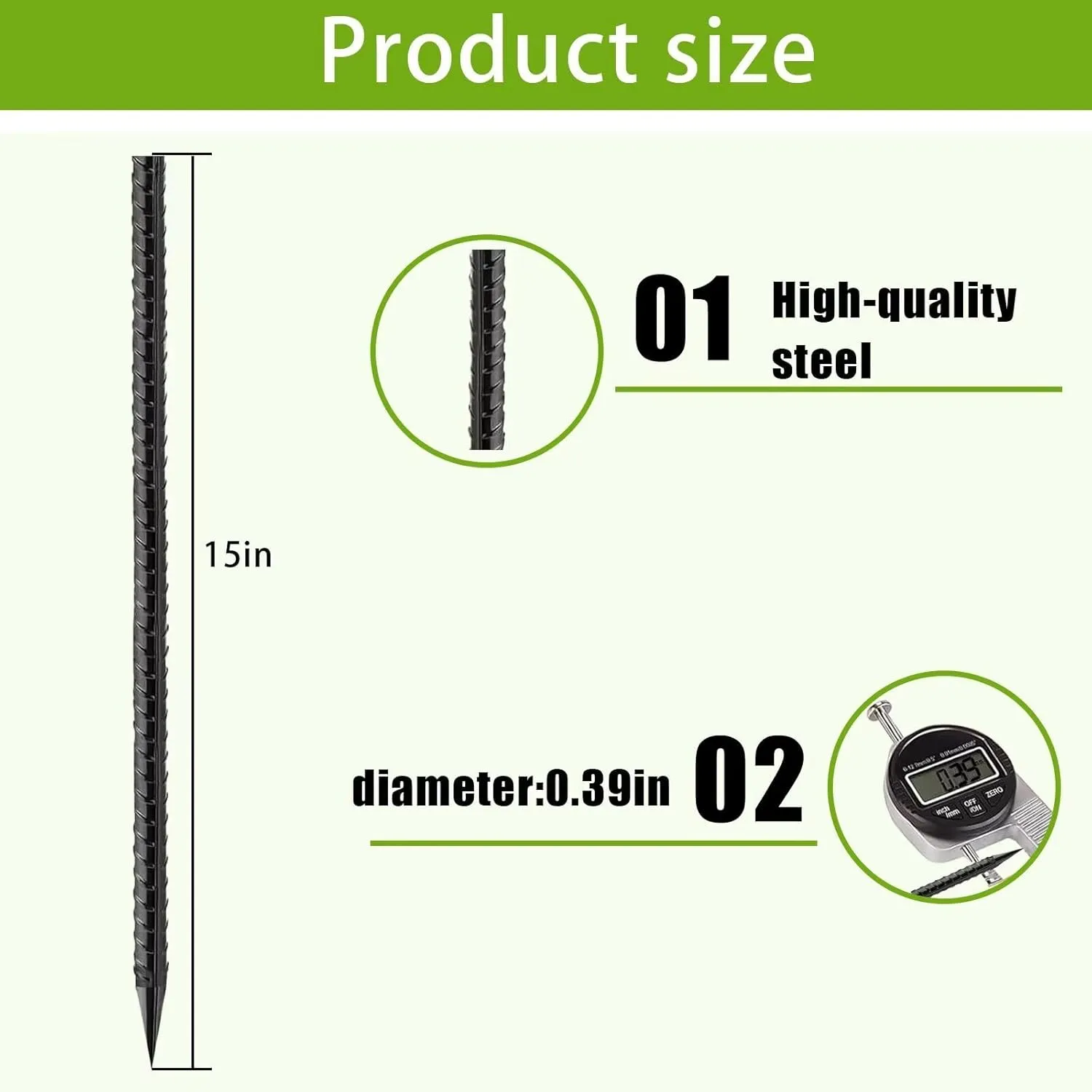 Straight-Rebar-Ground-Stakes 15Inch,Black Coated Straight Ground Anchors with Chisel Point End,Anti-Rust 16Pack Heavy Duty Steel Stakes for Landscape Timbers House Structure Plant Support in Garden