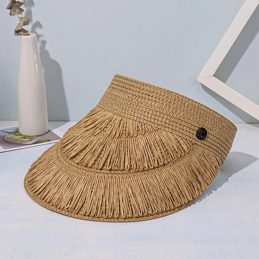 Straw Sun Visor Hat for Women, Summer Wide Brim Beach Sun Hat Roll-up Foldable Golf Visor