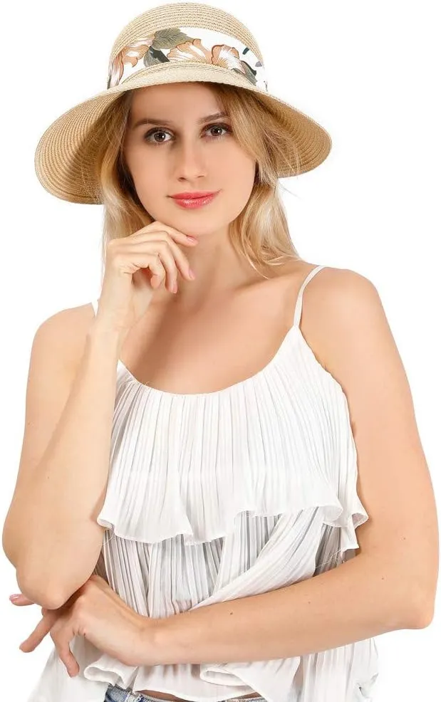 Straw Womens Beach Hat Foldable Floppy Roll Up Summer Hats Caps with Sun Upf50 Protection Roll-Up Packable Travel Caps
