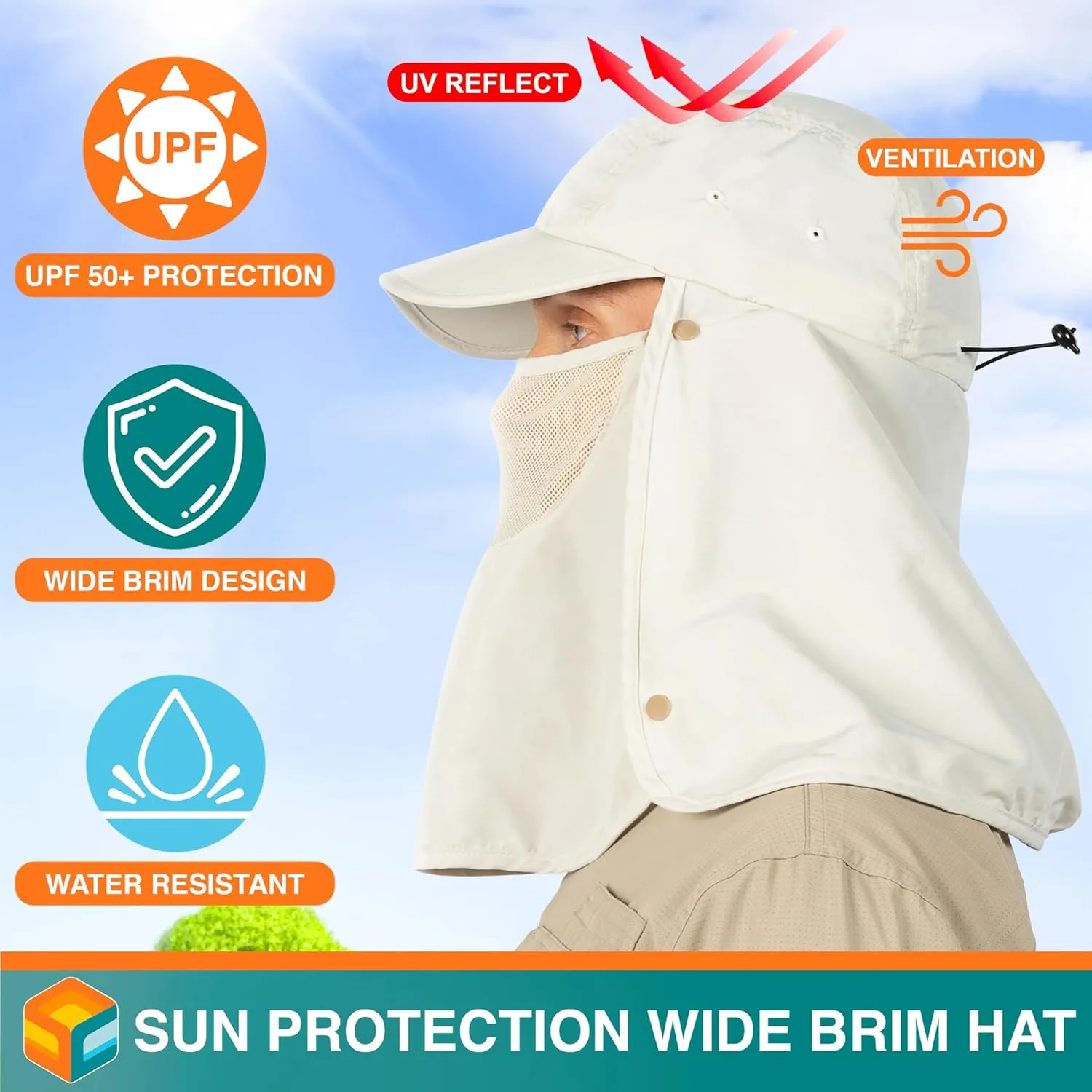 SUN CUBE Fishing Sun Hat with Neck Flap for Men UV Protection Cover Outdoor Bucket Cap with Face Covering for Hiking Running
