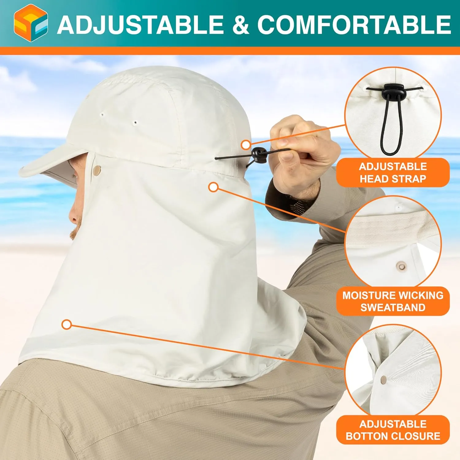 SUN CUBE Fishing Sun Hat with Neck Flap for Men UV Protection Cover Outdoor Bucket Cap with Face Covering for Hiking Running