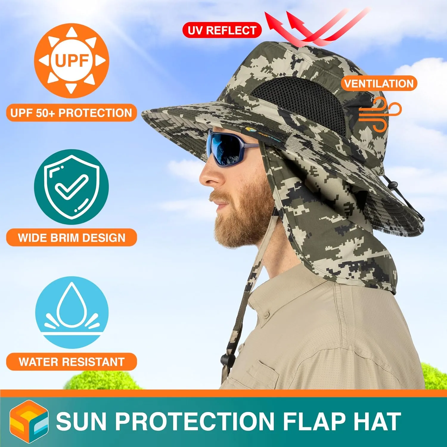 SUN CUBE Wide Brim Sun Hat Men Women, Fishing Hats Sun UV Protection, Mens Hiking Bucket Hat Safari Beach Boonie, UPF 50 