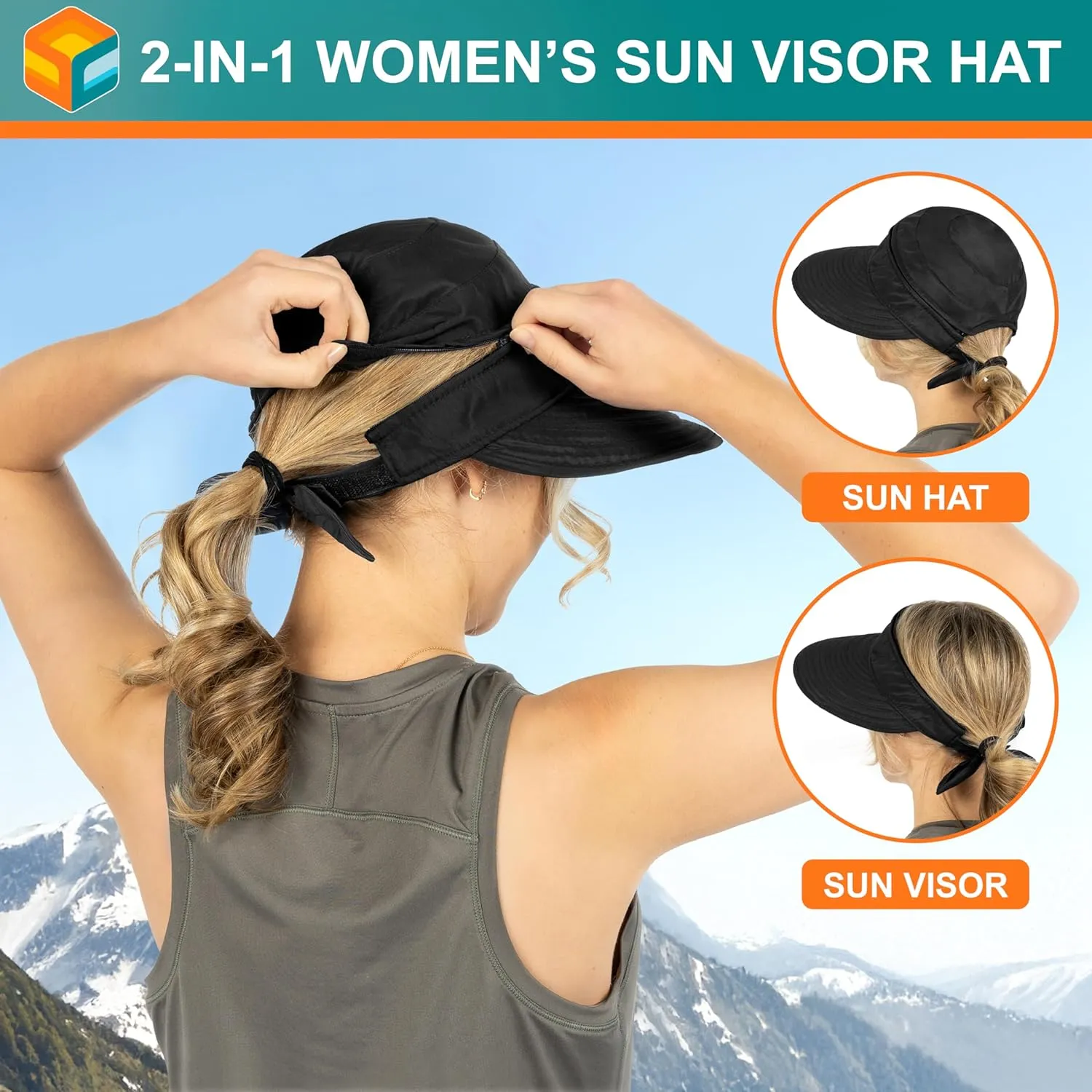SUN CUBE Women Sun Hat for Outdoor UV Protection, Wide Brim Sun Hat Ponytail, Convertible Zip-Off Beach Hat Visor