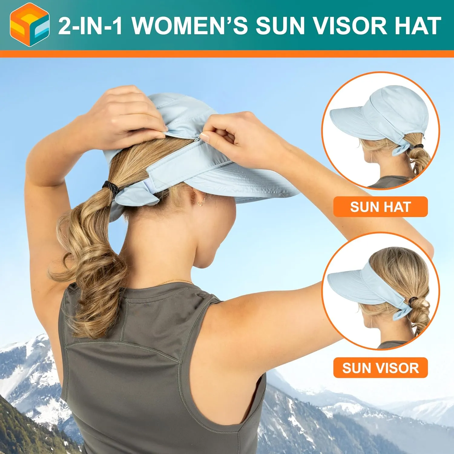 SUN CUBE Women Sun Hat for Outdoor UV Protection, Wide Brim Sun Hat Ponytail, Convertible Zip-Off Beach Hat Visor