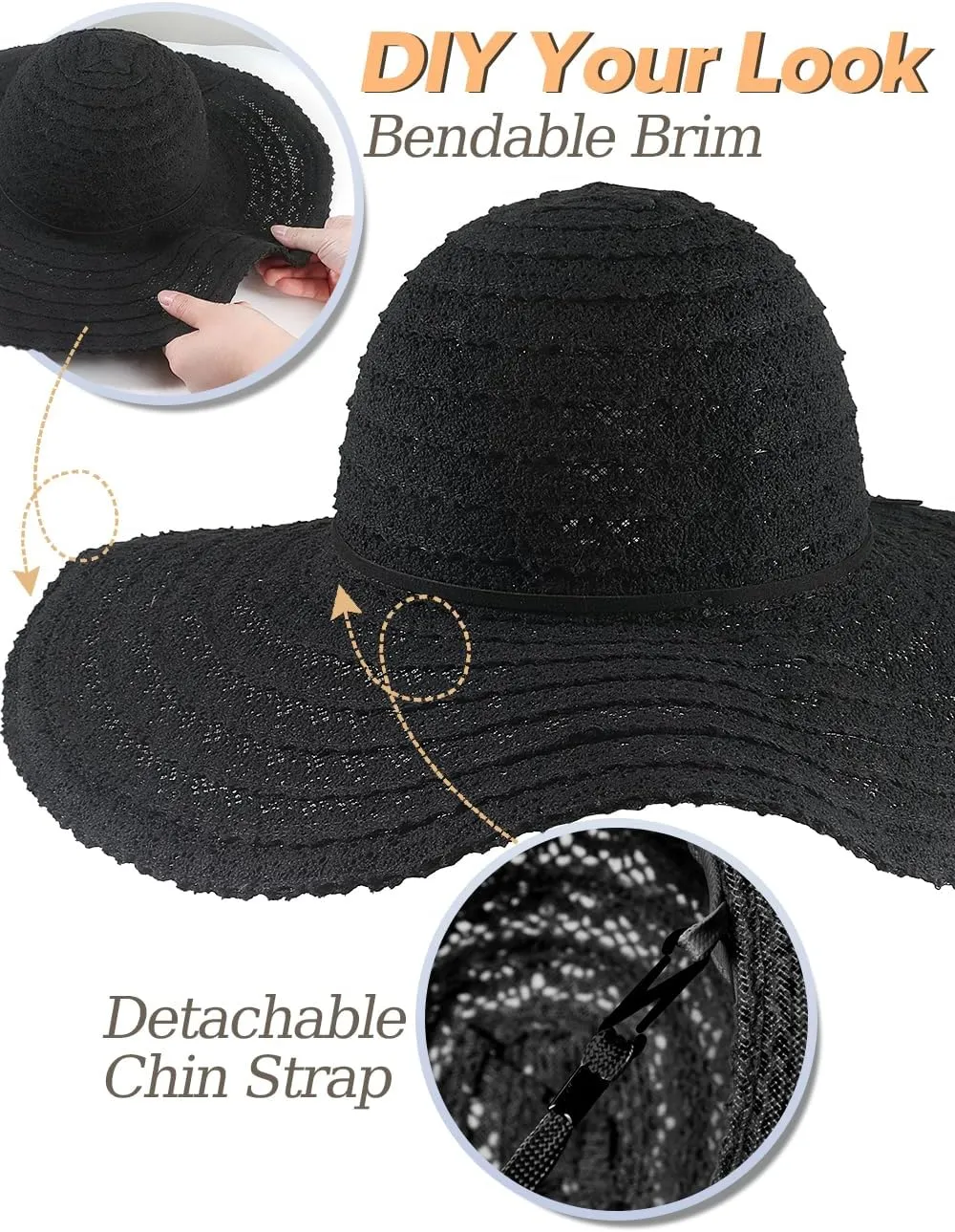 Sun Hat Womens, Beach Wide Brim Hats for Women, Summer Floppy Packable Lace Sun Beach Sunhat Women Foldable