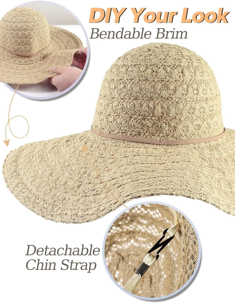 Sun Hat Womens, Beach Wide Brim Hats for Women, Summer Floppy Packable Lace Sun Beach Sunhat Women Foldable