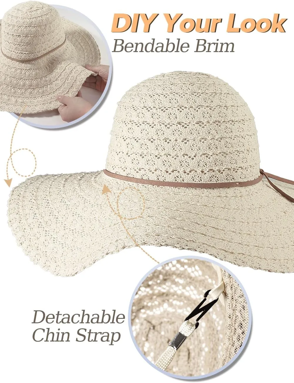 Sun Hat Womens, Beach Wide Brim Hats for Women, Summer Floppy Packable Lace Sun Beach Sunhat Women Foldable