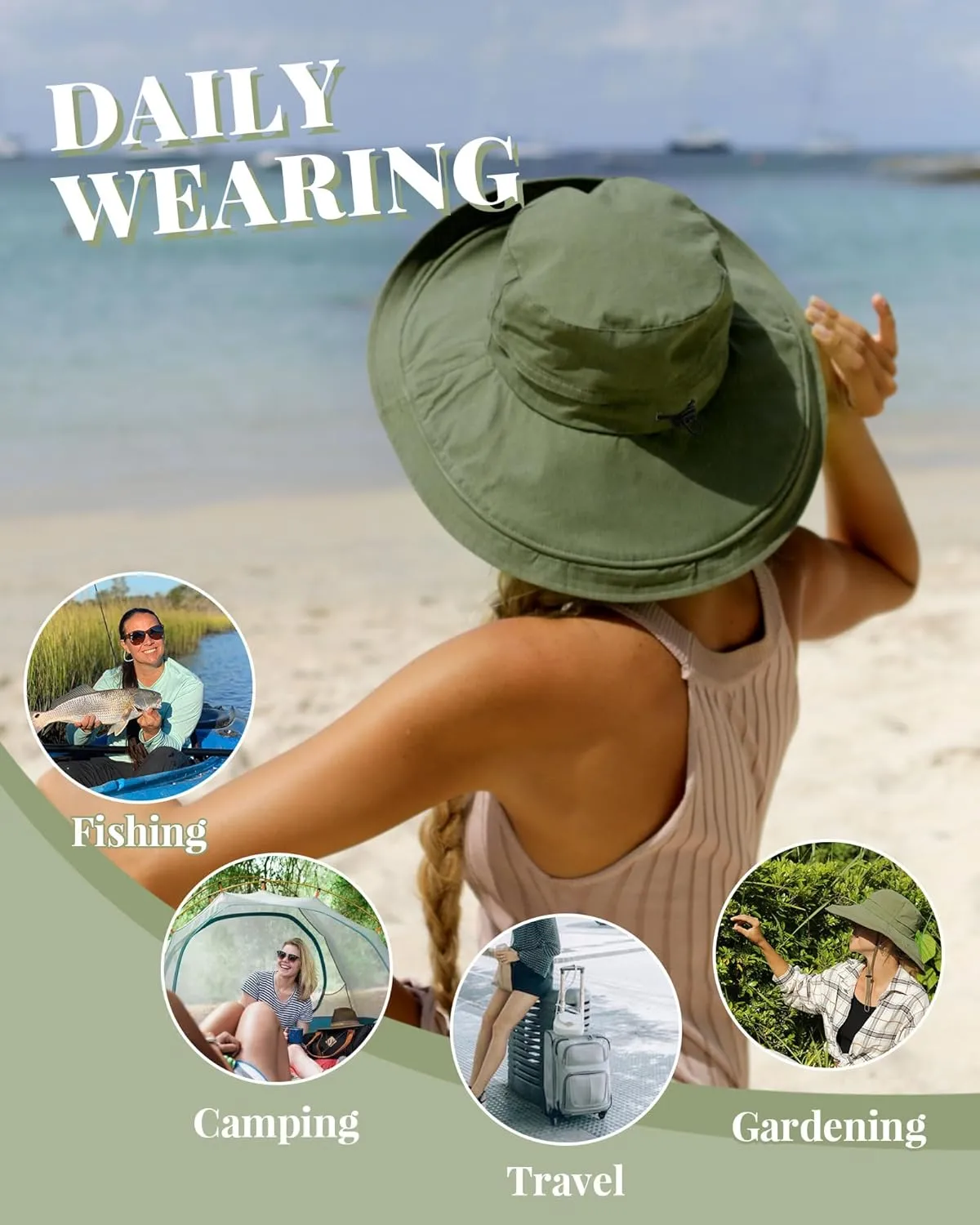 Sun Hats for Women Gardening Hat Wide Brim Ponytail Beach Sun Protection Breathable Cotton Summer Hat with Fold-Up Brim
