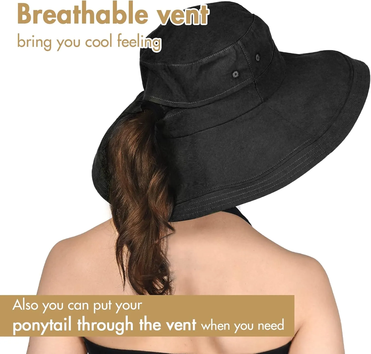Sun Hats for Women Gardening Hat Wide Brim Ponytail Beach Sun Protection Breathable Cotton Summer Hat with Fold-Up Brim