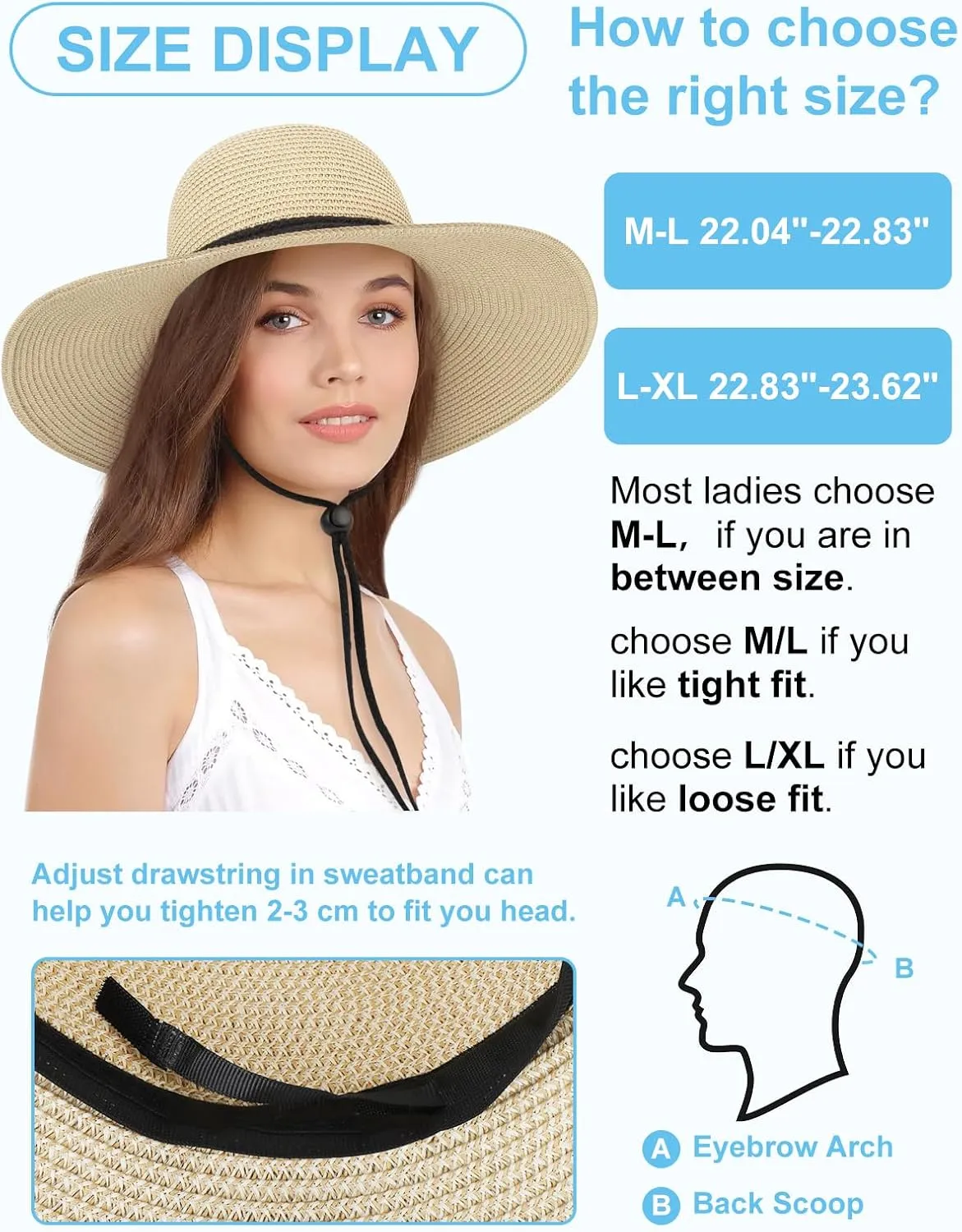 Sun Hats for Women, Oversize Wide Brim Straw Hat for Summer Travel Beach Foldable UV Protection with Wind Lanyard UPF 50 