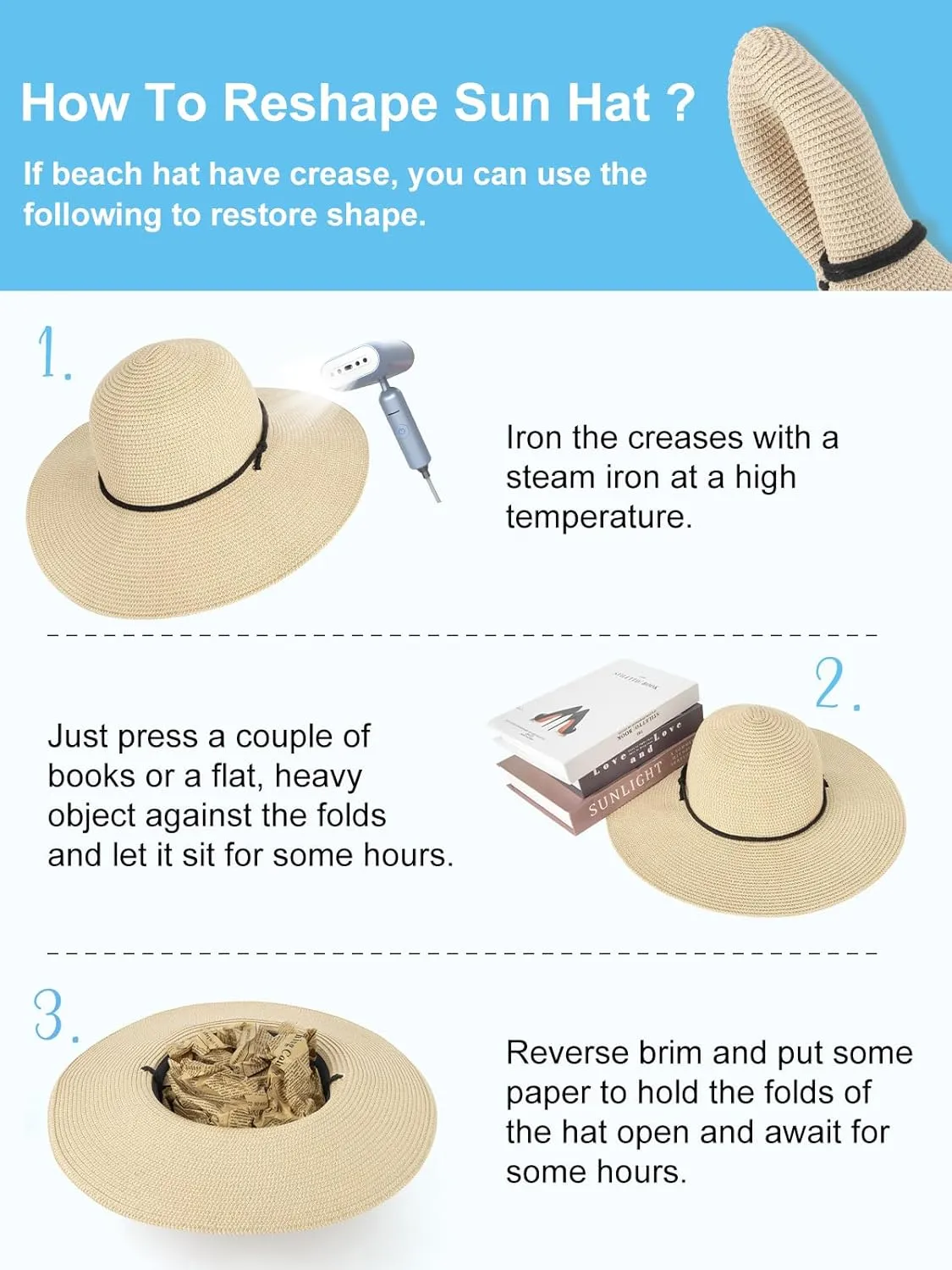 Sun Hats for Women, Oversize Wide Brim Straw Hat for Summer Travel Beach Foldable UV Protection with Wind Lanyard UPF 50 