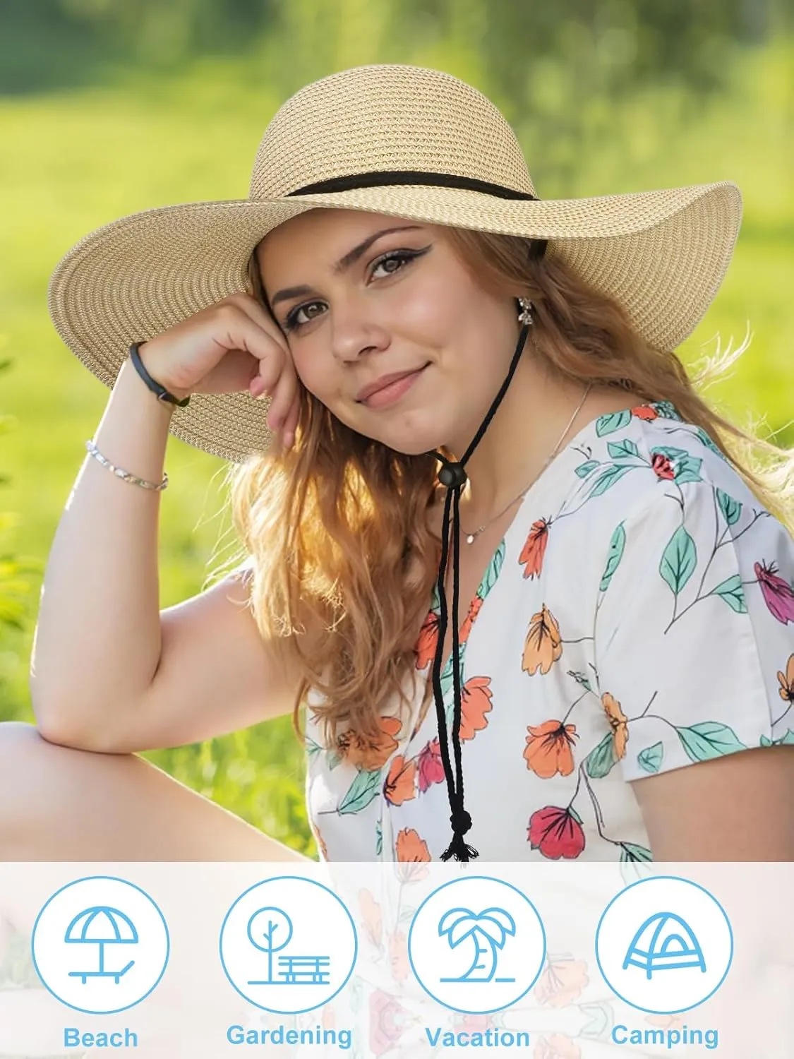 Sun Hats for Women, Oversize Wide Brim Straw Hat for Summer Travel Beach Foldable UV Protection with Wind Lanyard UPF 50 