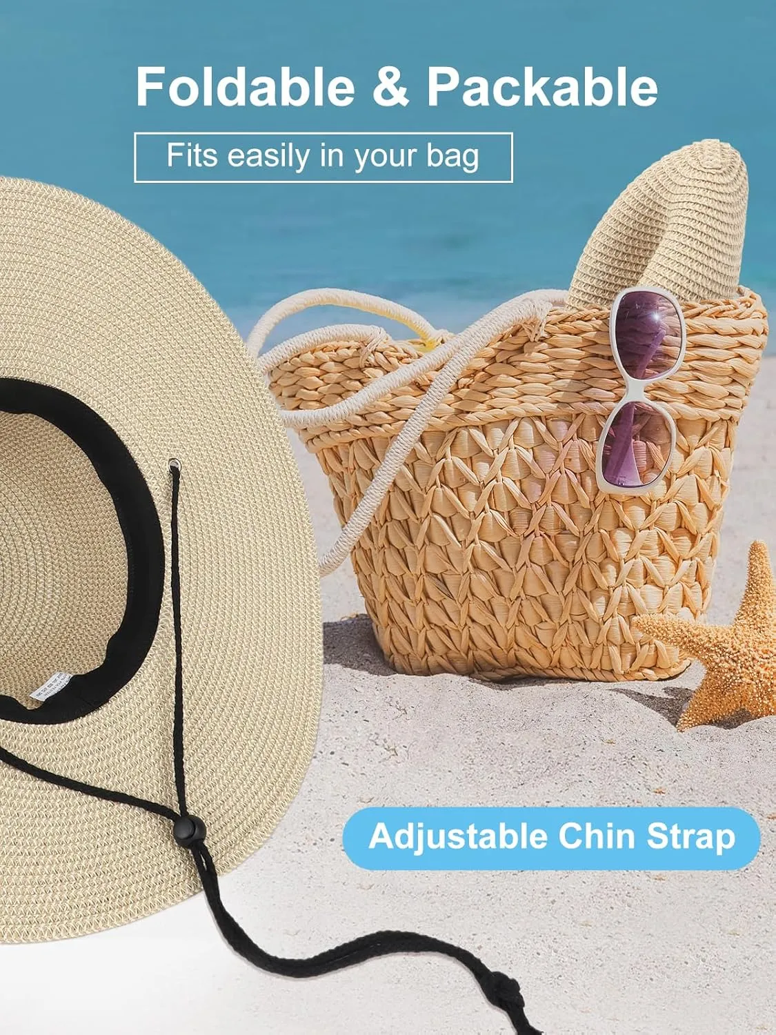 Sun Hats for Women, Oversize Wide Brim Straw Hat for Summer Travel Beach Foldable UV Protection with Wind Lanyard UPF 50 