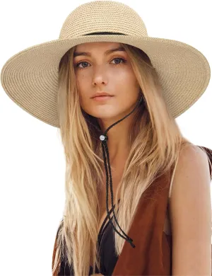 Sun Hats for Women, Oversize Wide Brim Straw Hat for Summer Travel Beach Foldable UV Protection with Wind Lanyard UPF 50 