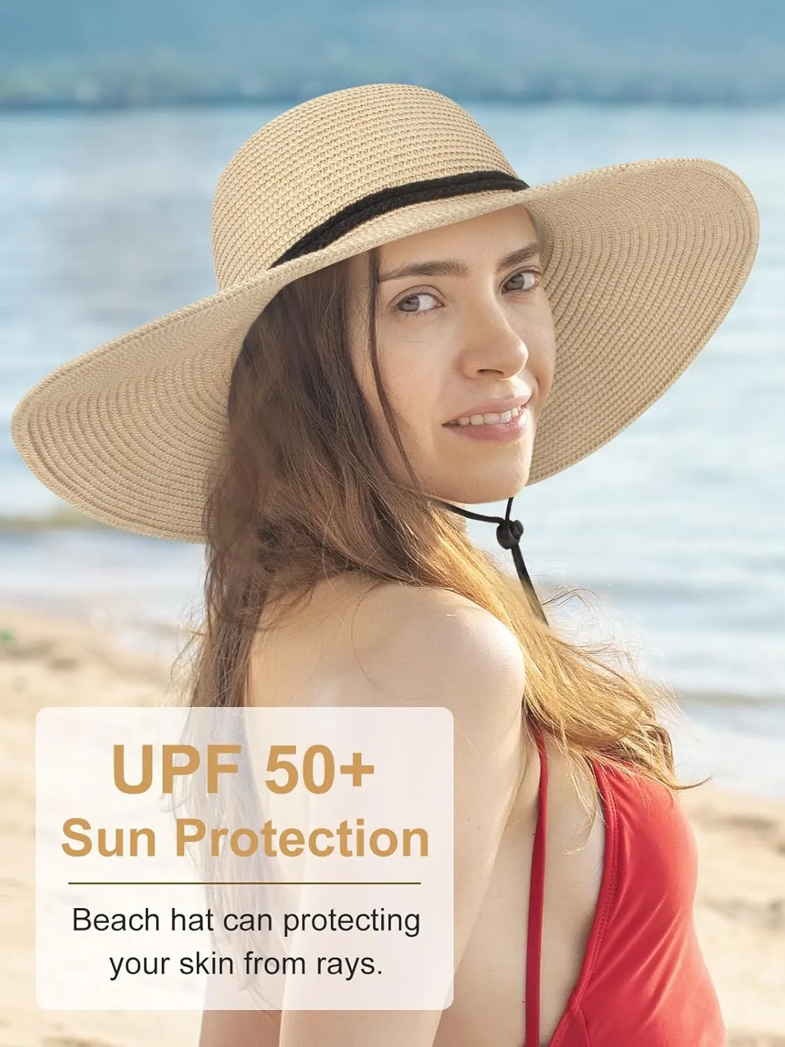 Sun Hats for Women, Oversize Wide Brim Straw Hat for Summer Travel Beach Foldable UV Protection with Wind Lanyard UPF 50 