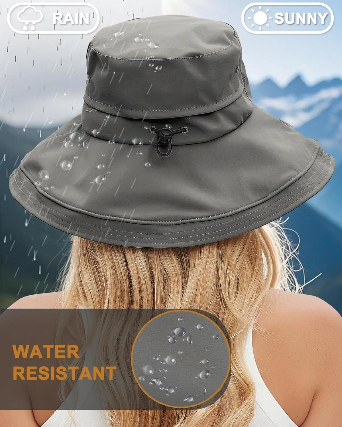 Sun Hats for Women, Wide Brim Waterproof Bucket Hat, Summer Beach Packable Ponytail Hat,UPF 50  UV Protection
