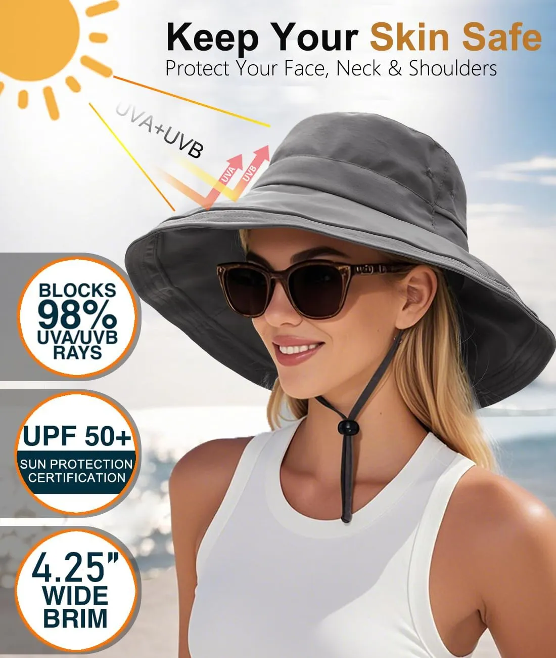 Sun Hats for Women, Wide Brim Waterproof Bucket Hat, Summer Beach Packable Ponytail Hat,UPF 50  UV Protection