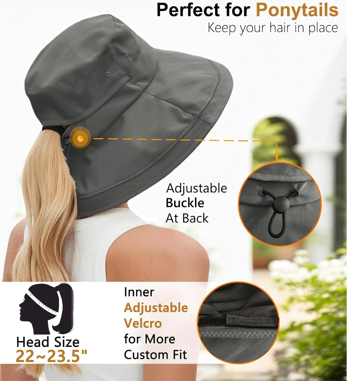 Sun Hats for Women, Wide Brim Waterproof Bucket Hat, Summer Beach Packable Ponytail Hat,UPF 50  UV Protection