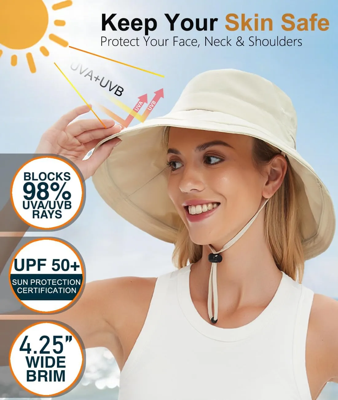Sun Hats for Women, Wide Brim Waterproof Bucket Hat, Summer Beach Packable Ponytail Hat,UPF 50  UV Protection
