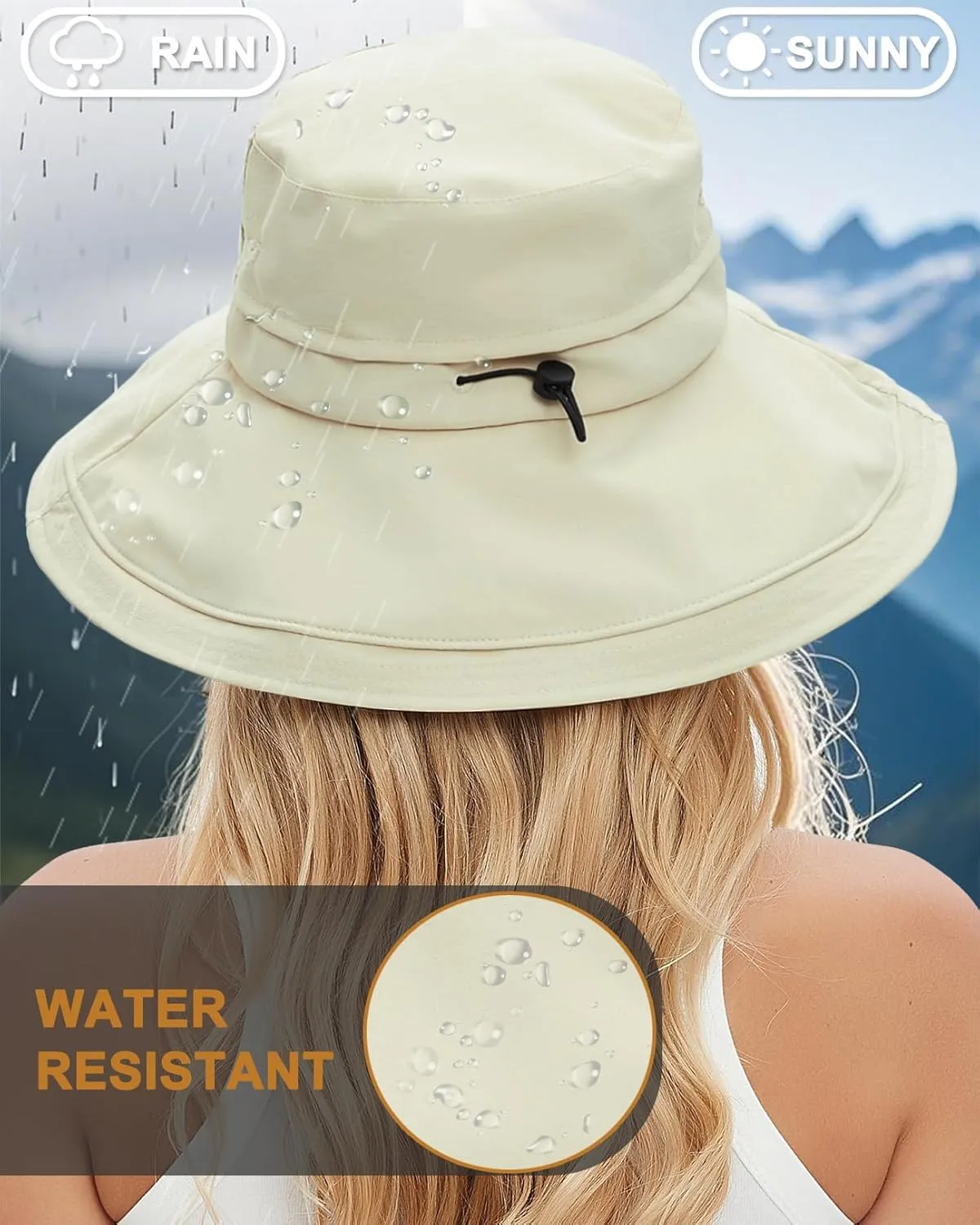 Sun Hats for Women, Wide Brim Waterproof Bucket Hat, Summer Beach Packable Ponytail Hat,UPF 50  UV Protection