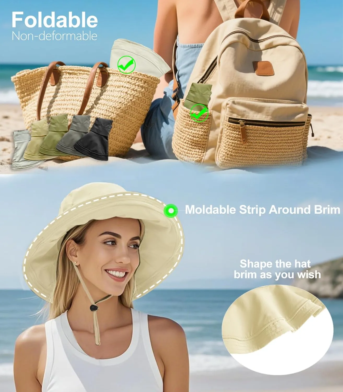 Sun Hats for Women, Wide Brim Waterproof Bucket Hat, Summer Beach Packable Ponytail Hat,UPF 50  UV Protection