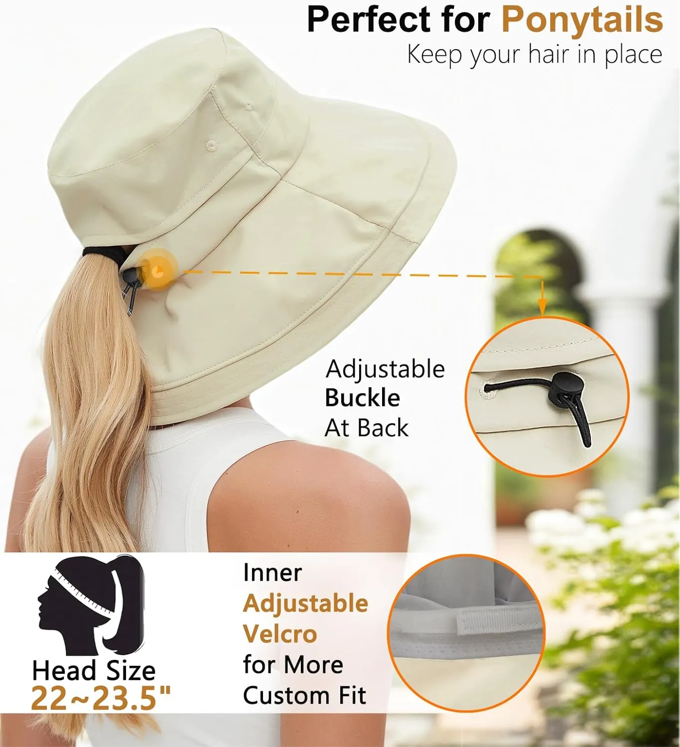 Sun Hats for Women, Wide Brim Waterproof Bucket Hat, Summer Beach Packable Ponytail Hat,UPF 50  UV Protection
