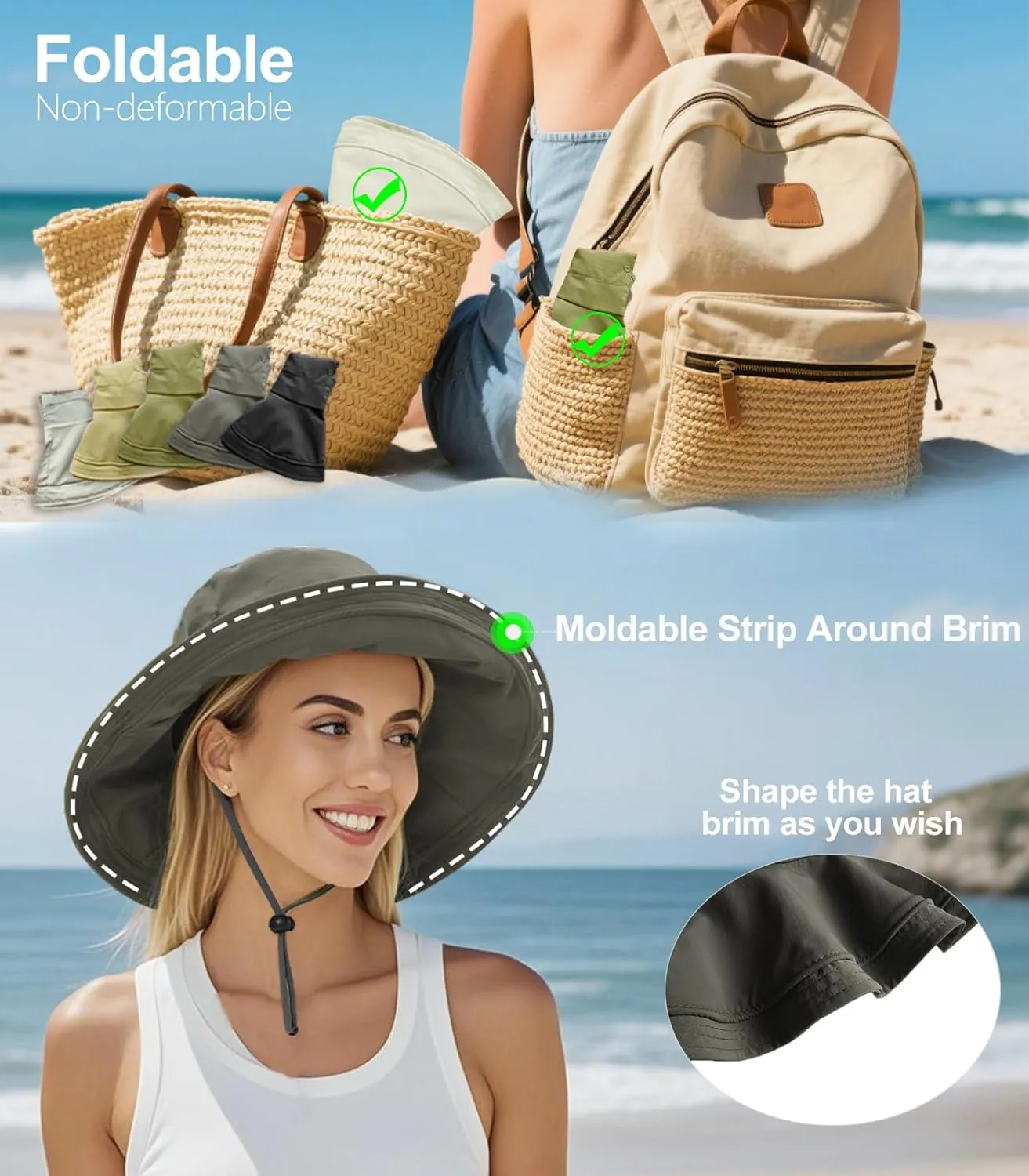 Sun Hats for Women, Wide Brim Waterproof Bucket Hat, Summer Beach Packable Ponytail Hat,UPF 50  UV Protection