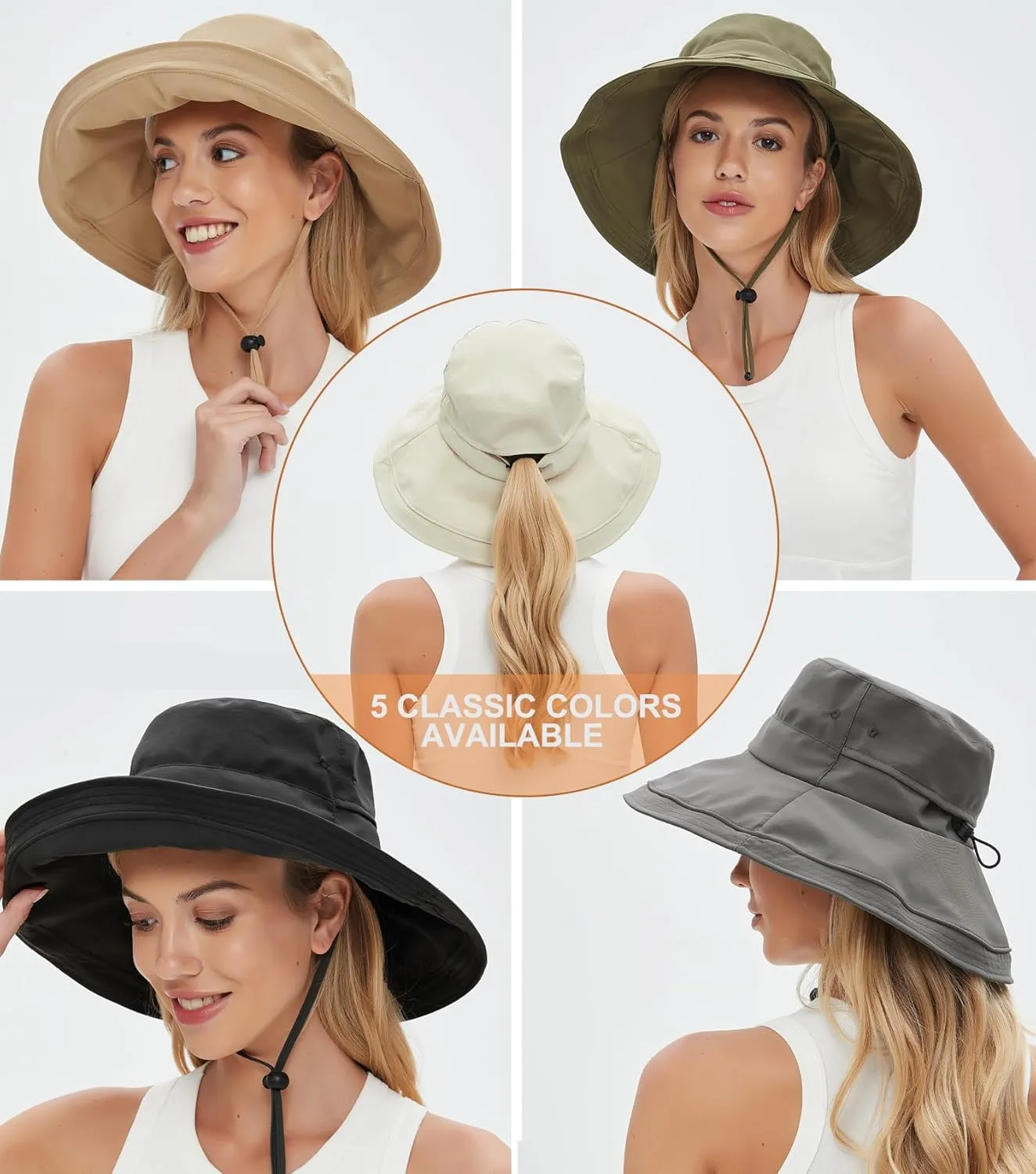 Sun Hats for Women, Wide Brim Waterproof Bucket Hat, Summer Beach Packable Ponytail Hat,UPF 50  UV Protection