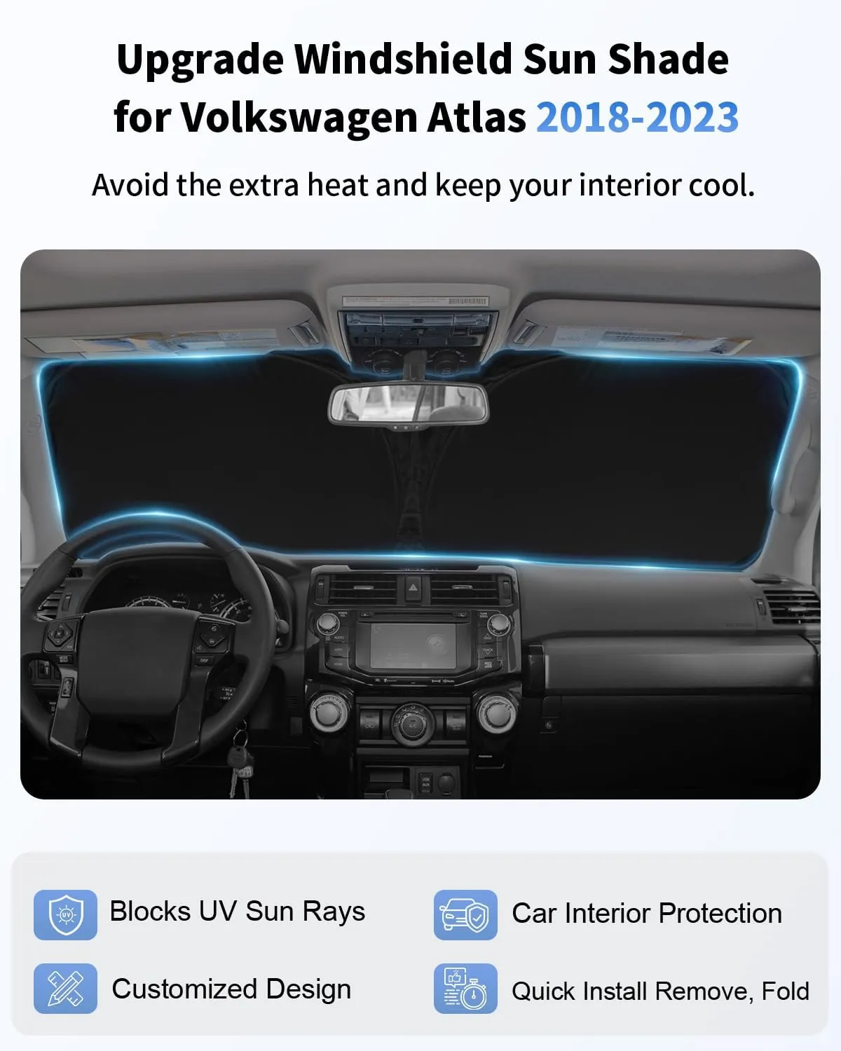 Sun Shade for VW Atlas Windshield Sunshade Custom Fit Volkswagen Atlas 2018-2022 2023 2024 2025 Windshield Cover 2-Layers 240T Reflector Foldable Window Shield Sun Visor Block UV Ray Car Accessories