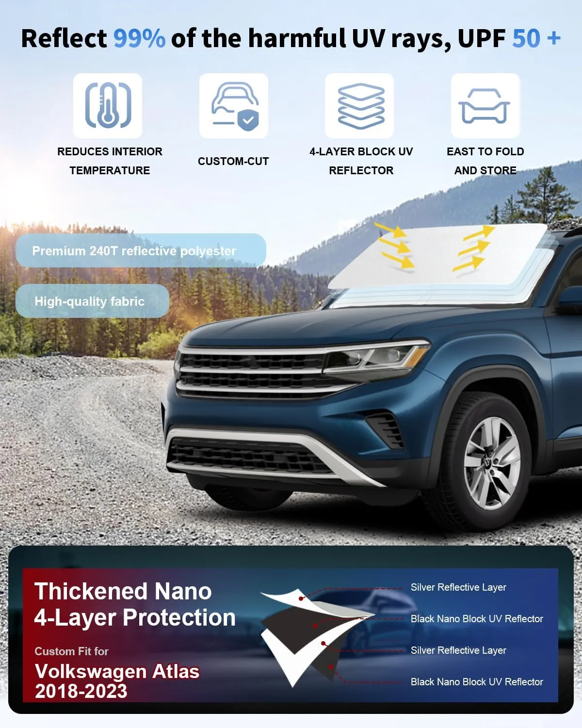 Sun Shade for VW Atlas Windshield Sunshade Custom Fit Volkswagen Atlas 2018-2022 2023 2024 2025 Windshield Cover 2-Layers 240T Reflector Foldable Window Shield Sun Visor Block UV Ray Car Accessories