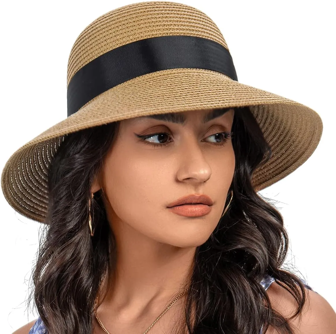 Sun Straw Hat for Women with Wind Lanyard Wide Brim Foldable Beach Summer Hats Womens UV 50  Protection Bowknot Cap