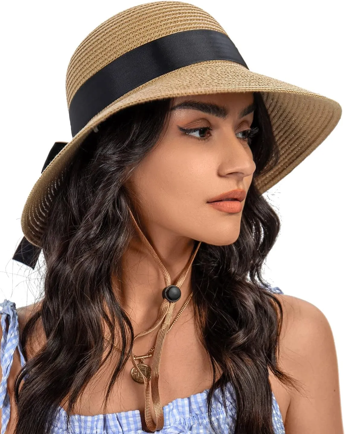 Sun Straw Hat for Women with Wind Lanyard Wide Brim Foldable Beach Summer Hats Womens UV 50  Protection Bowknot Cap