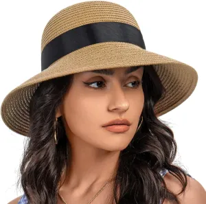Sun Straw Hat for Women with Wind Lanyard Wide Brim Foldable Beach Summer Hats Womens UV 50  Protection Bowknot Cap