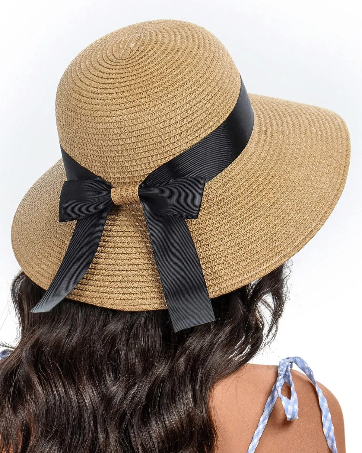 Sun Straw Hat for Women with Wind Lanyard Wide Brim Foldable Beach Summer Hats Womens UV 50  Protection Bowknot Cap