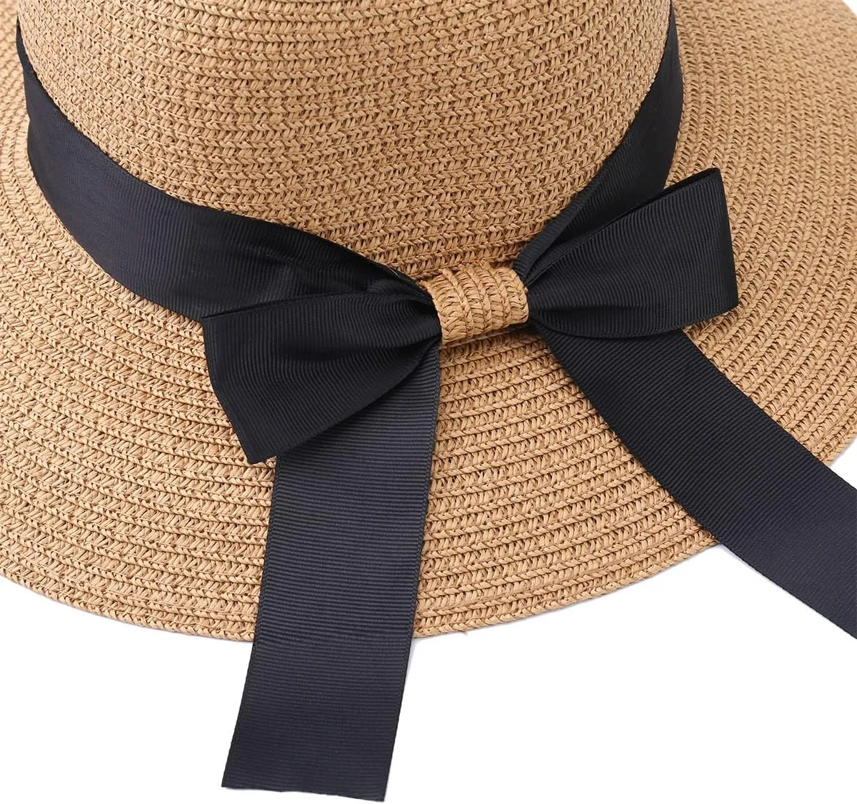 Sun Straw Hat for Women with Wind Lanyard Wide Brim Foldable Beach Summer Hats Womens UV 50  Protection Bowknot Cap