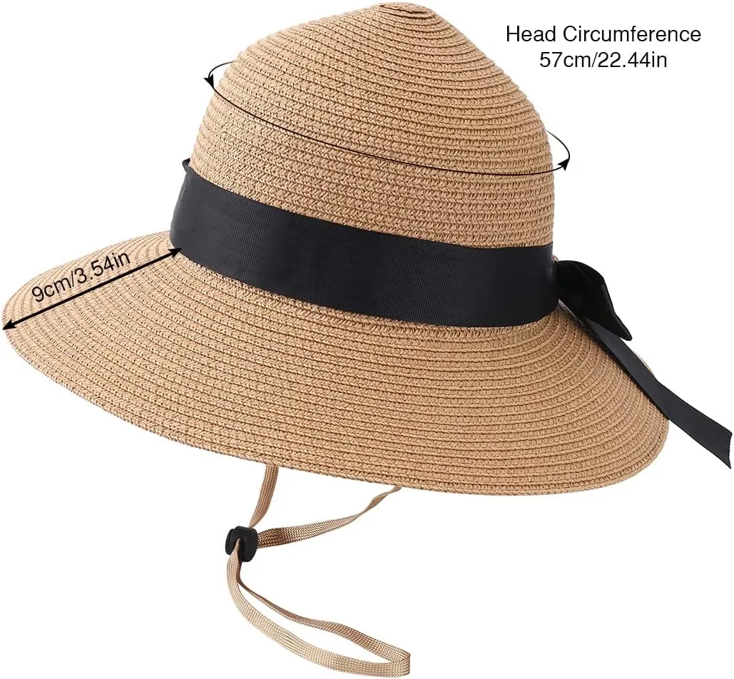 Sun Straw Hat for Women with Wind Lanyard Wide Brim Foldable Beach Summer Hats Womens UV 50  Protection Bowknot Cap